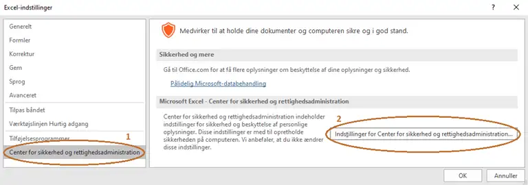 Klik p&aring; Center for sikkerhed og rettighedsadministration og derefter Indstillinger for Center for sikkerhed og rettighedsadministration