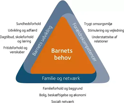 Under siden barnets udvikling er f&oslash;lgende dimensioner angivet: Sundhedsforhold. udvikling og adf&aelig;rd. dagtilbud, skole og l&aelig;ring. Fritidsforhold og venskaber.  Under siden for&aelig;ldrekompetencer er f&oslash;lgende dimensioner angivet: Trygt omsorgsmilj&oslash;. Stimulering og vejledning. Underst&oslash;ttelse af relationer.  Under siden familie og netv&aelig;rk er f&oslash;lgende dimensioner angivet: Familieforhold og baggrund. Bolig, besk&aelig;ftigelse og &oslash;konomi. Socialt netv&aelig;rk.